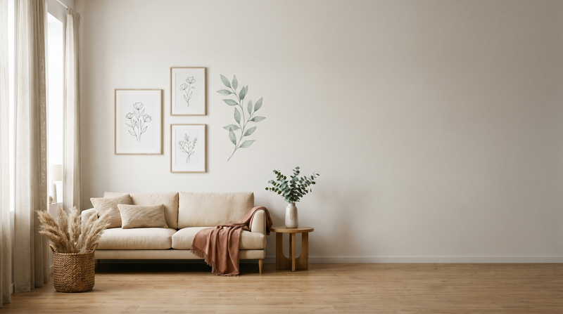 Grand mur de salon décoré avec galerie de cadres et sticker mural feuillage sauge dans un intérieur scandinave