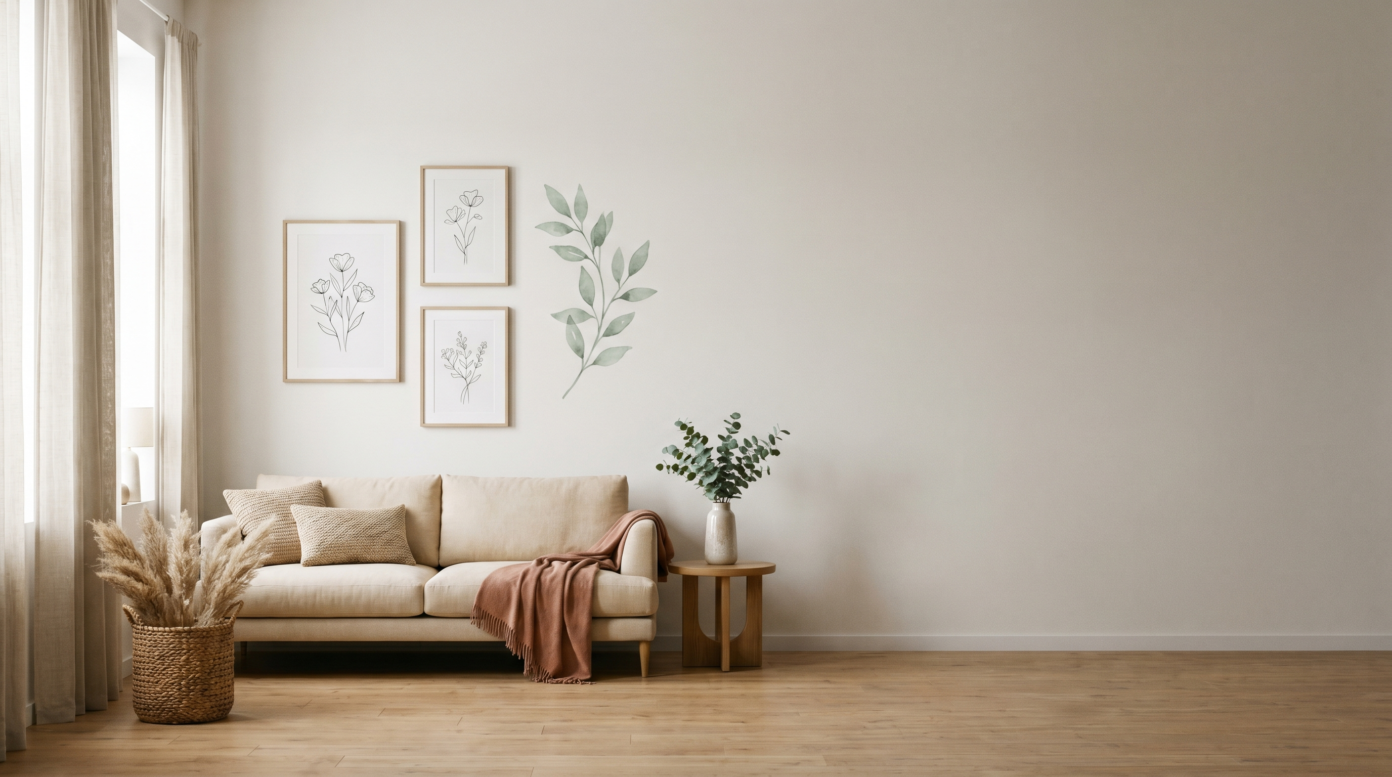 Grand mur de salon décoré avec galerie de cadres et sticker mural feuillage sauge dans un intérieur scandinave Image