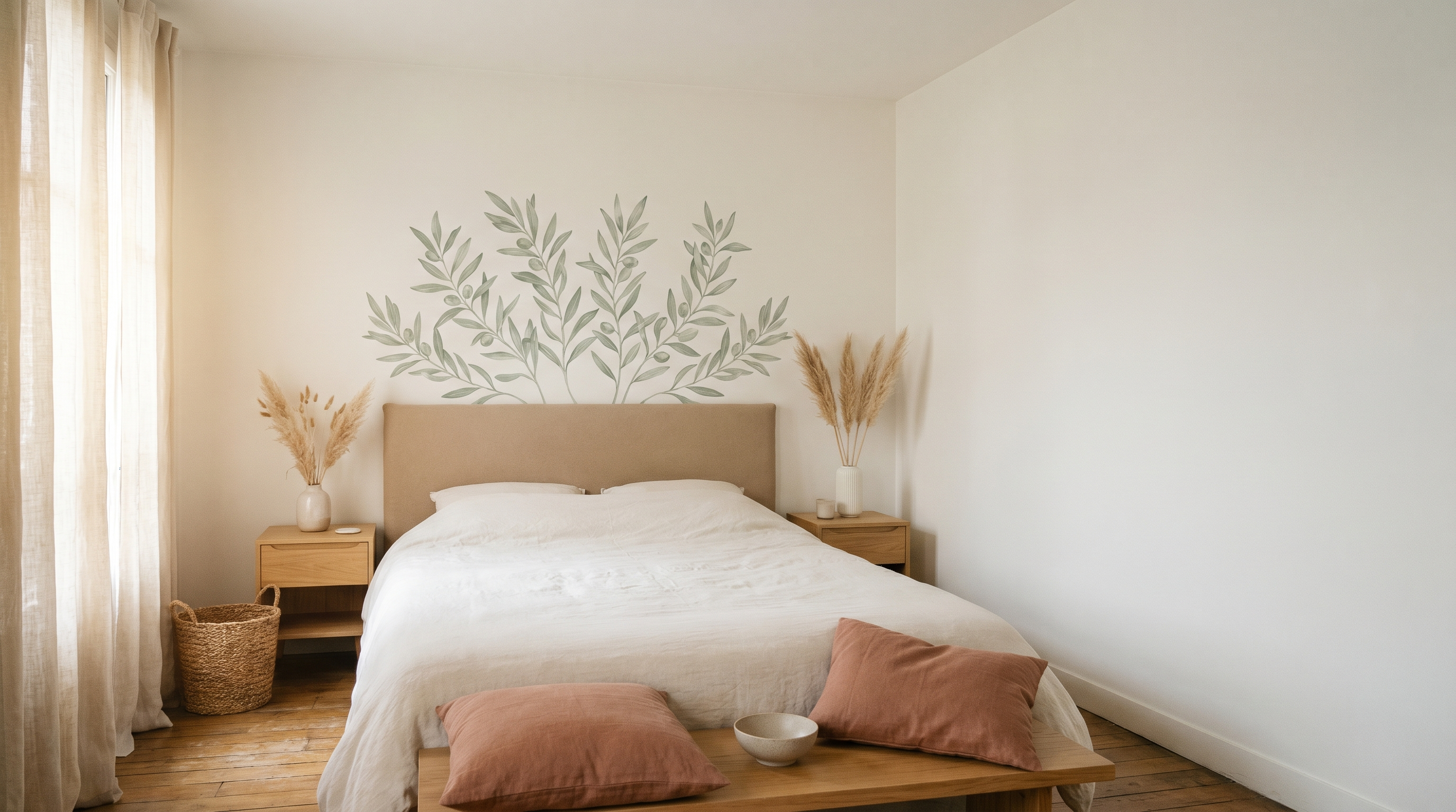 Chambre adulte cocooning aux tons sage et bois clair avec sticker mural feuillage et lit en lin