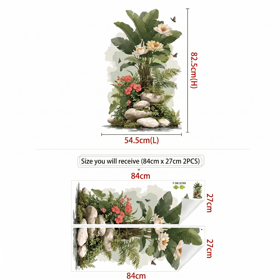 Comparaison entre la planche reçue et le motif posé : Grand Stickers Muraux Lotus et Fougères Botanique Salon