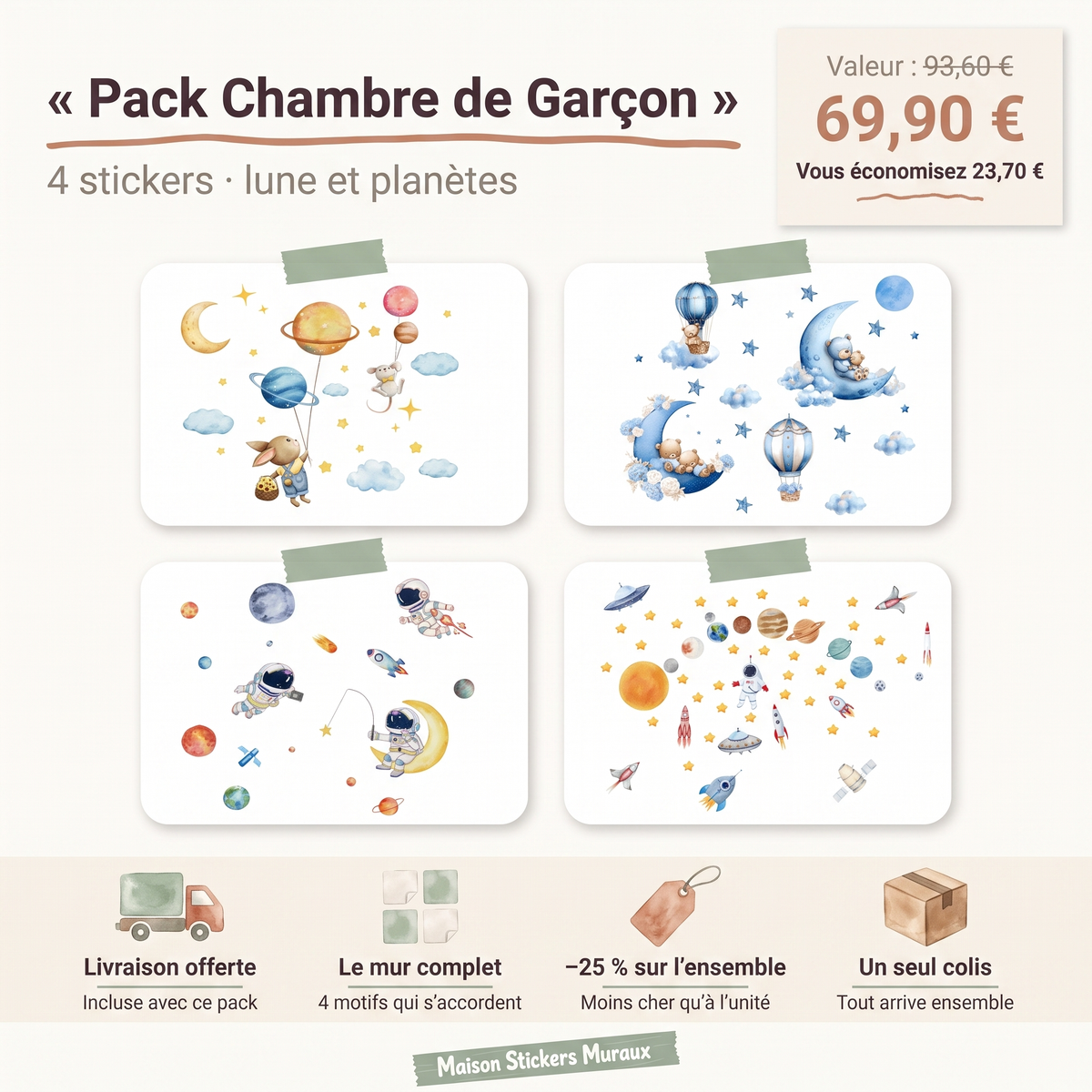 Pack Stickers Muraux Chambre de Garçon – Lune & Planètes