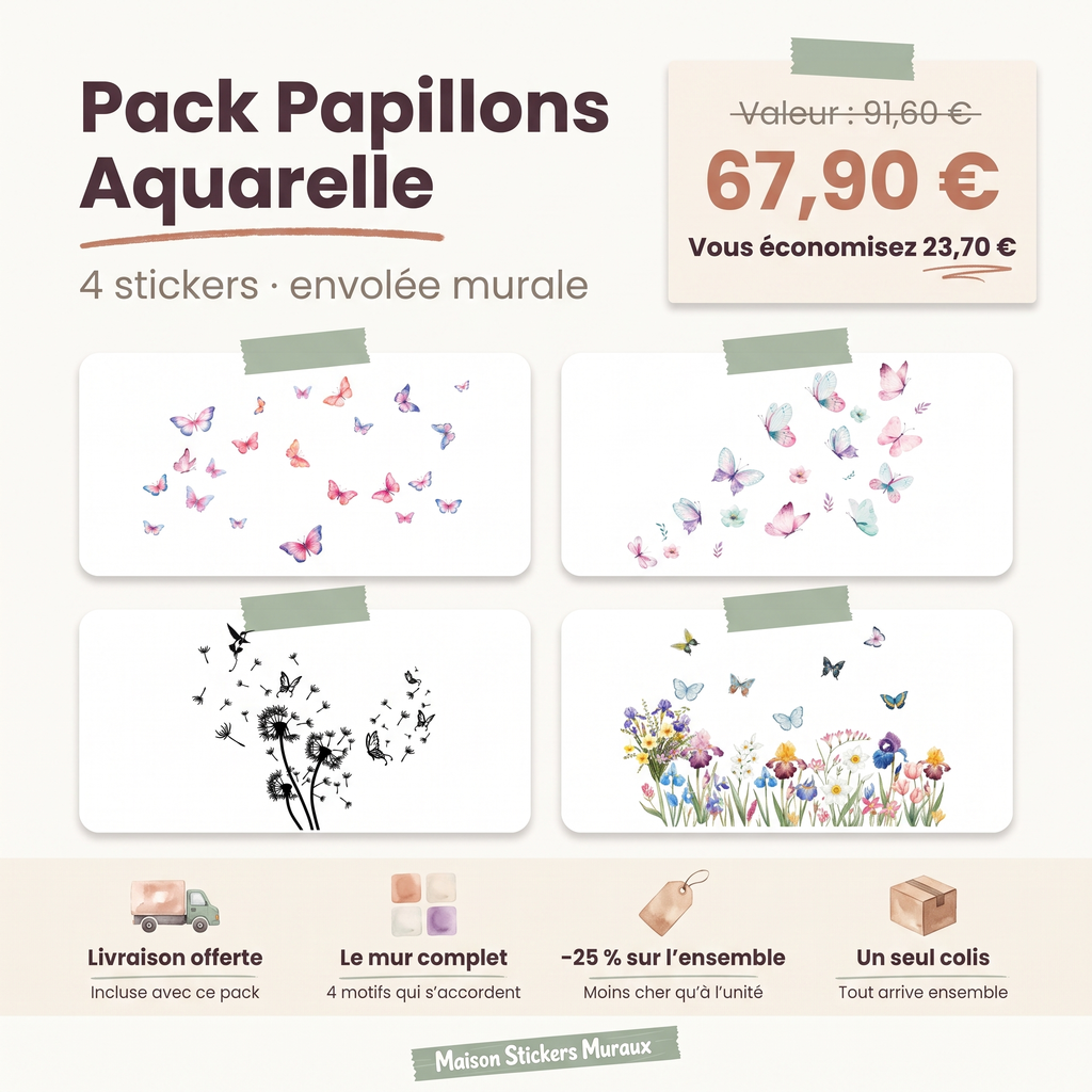 Pack Stickers Muraux Papillons Aquarelle