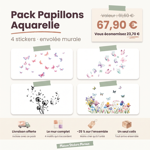 Pack Stickers Muraux Papillons Aquarelle