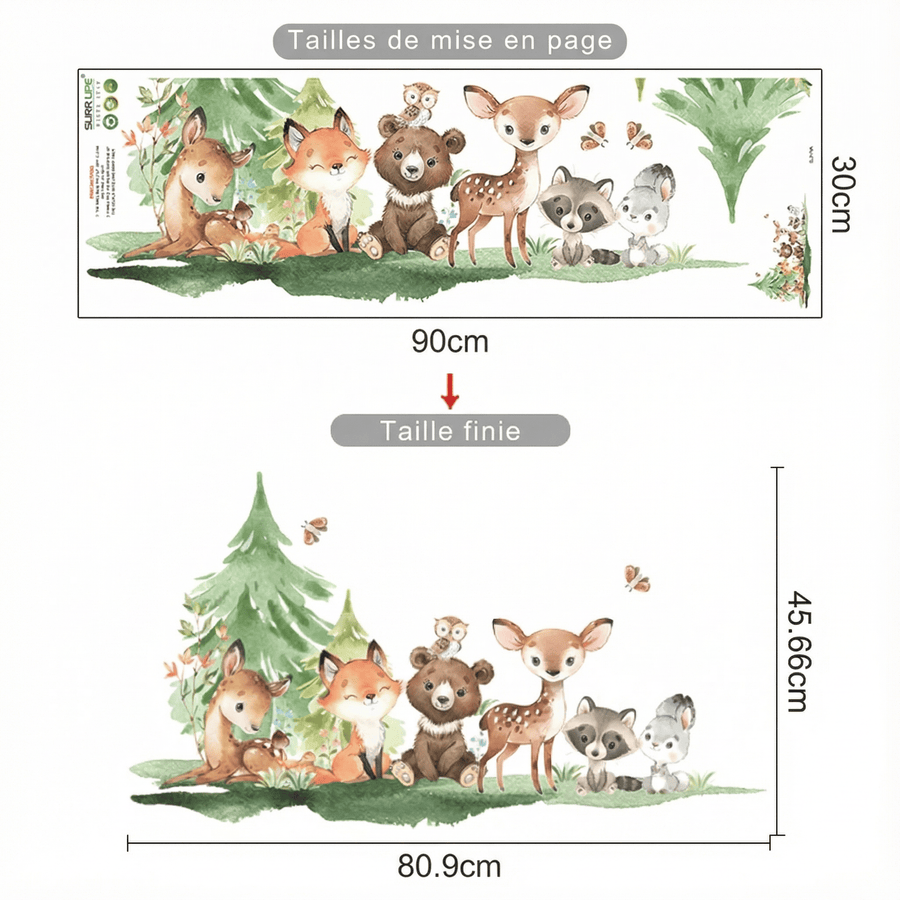 Comparaison entre la planche reçue et le motif posé : Sticker Mural Animaux de la Forêt