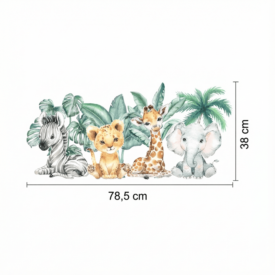 Comparaison entre la planche reçue et le motif posé : Sticker Mural Animaux de la Jungle