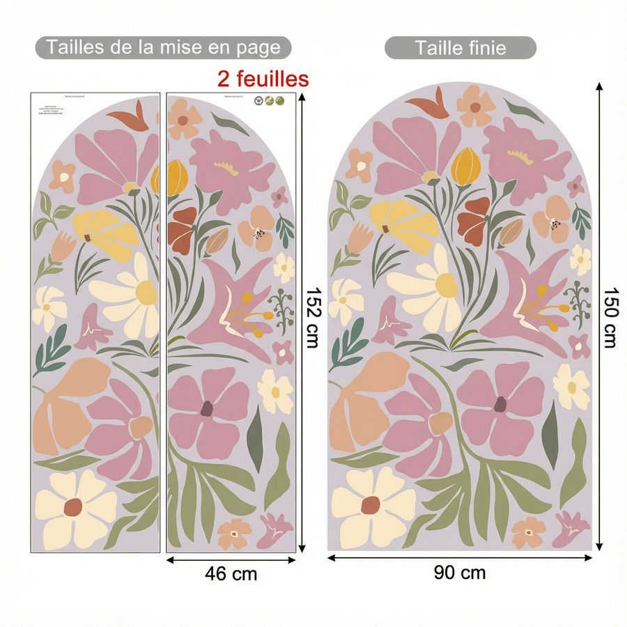 Comparaison entre la planche reçue et le motif posé : Sticker Mural Arche Florale Moderne