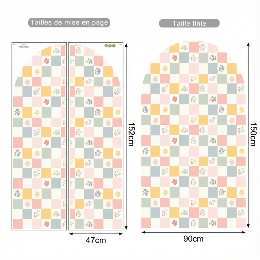 Comparaison entre la planche reçue et le motif posé : Sticker Mural Carreaux Pastel