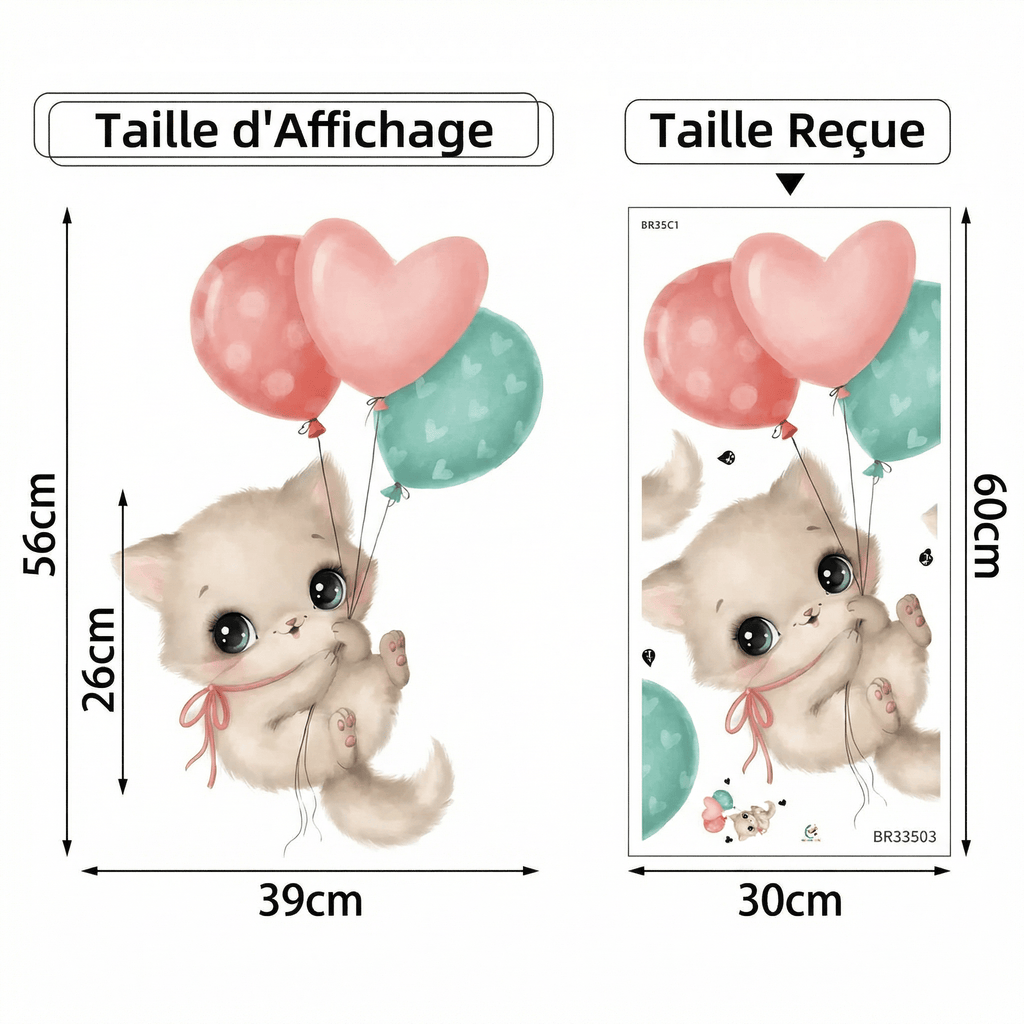 Sticker Mural Chat Kawaii avec Ballons - dimensions