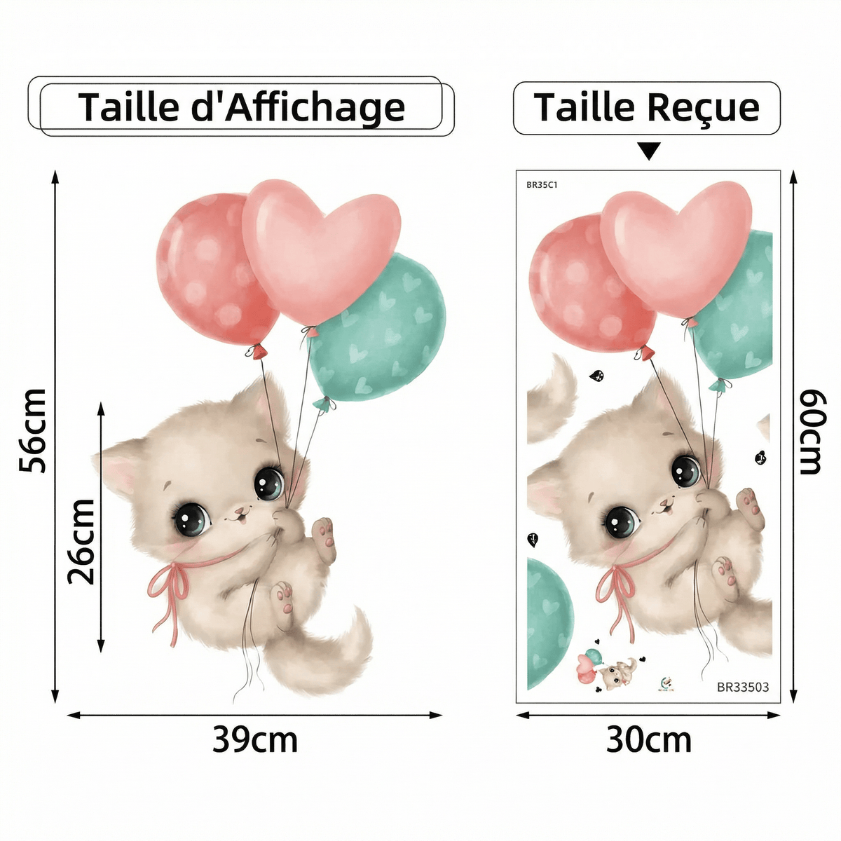 Sticker Mural Chat Kawaii avec Ballons - dimensions