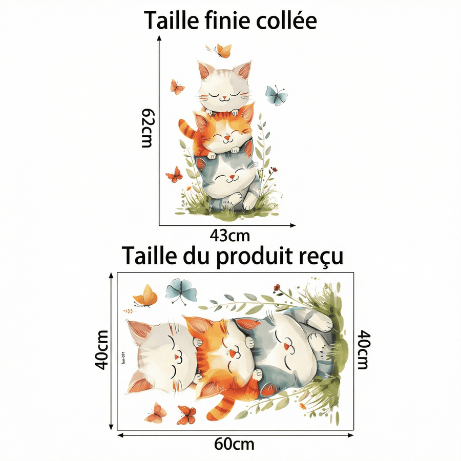 Comparaison entre la planche reçue et le motif posé : Sticker Mural Chat Kawaii