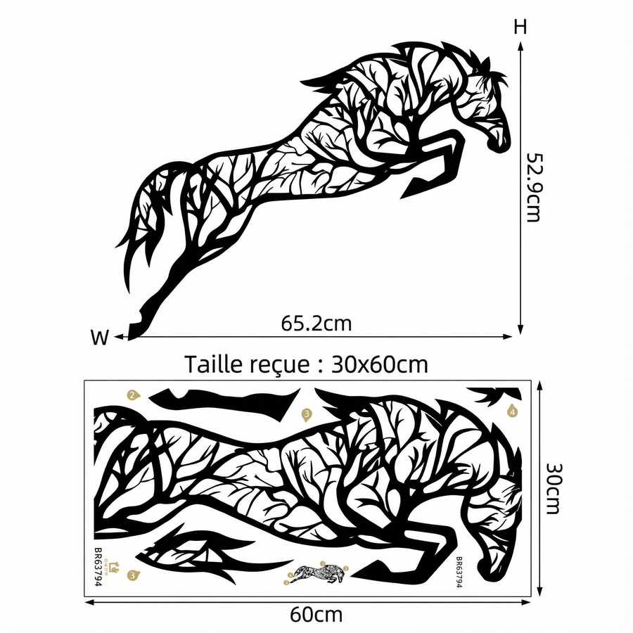 Comparaison entre la planche reçue et le motif posé : Sticker Mural Cheval Arbre
