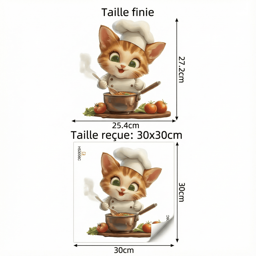 Comparaison entre la planche reçue et le motif posé : Sticker Mural Cuisine Chat Cuistot