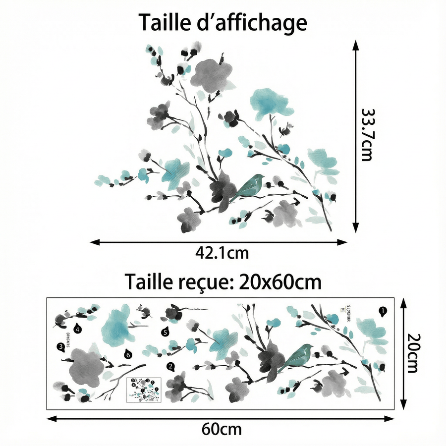 Comparaison entre la planche reçue et le motif posé : Sticker Mural Fleurs Aquarelle