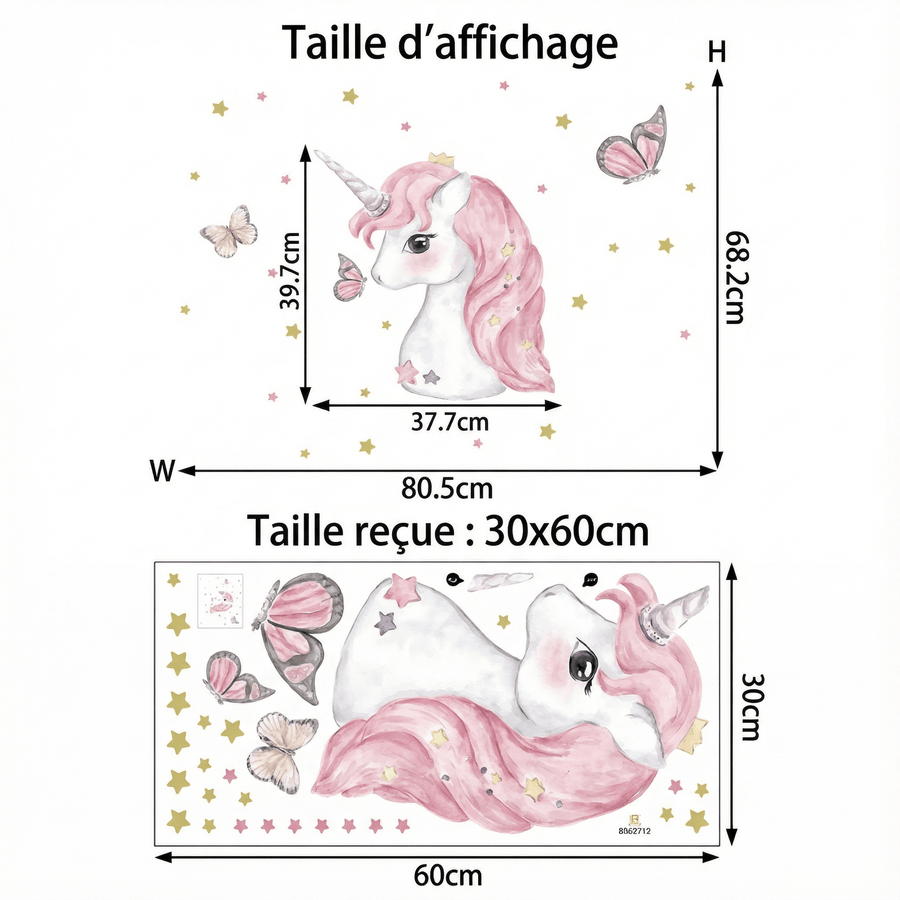 Comparaison entre la planche reçue et le motif posé : Sticker Mural Licorne Chambre Bébé Fille