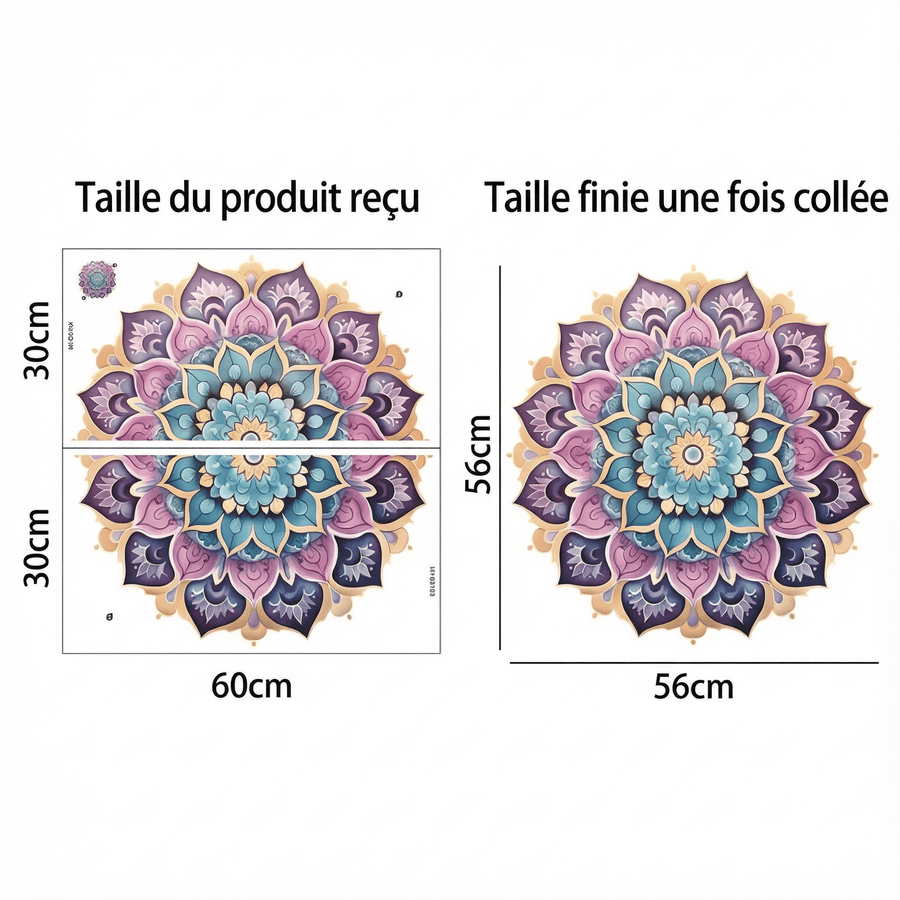 Comparaison entre la planche reçue et le motif posé : Sticker Mural Mandala Zen