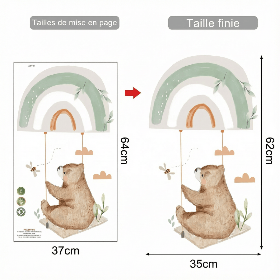 Comparaison entre la planche reçue et le motif posé : Sticker Mural Ours Assis