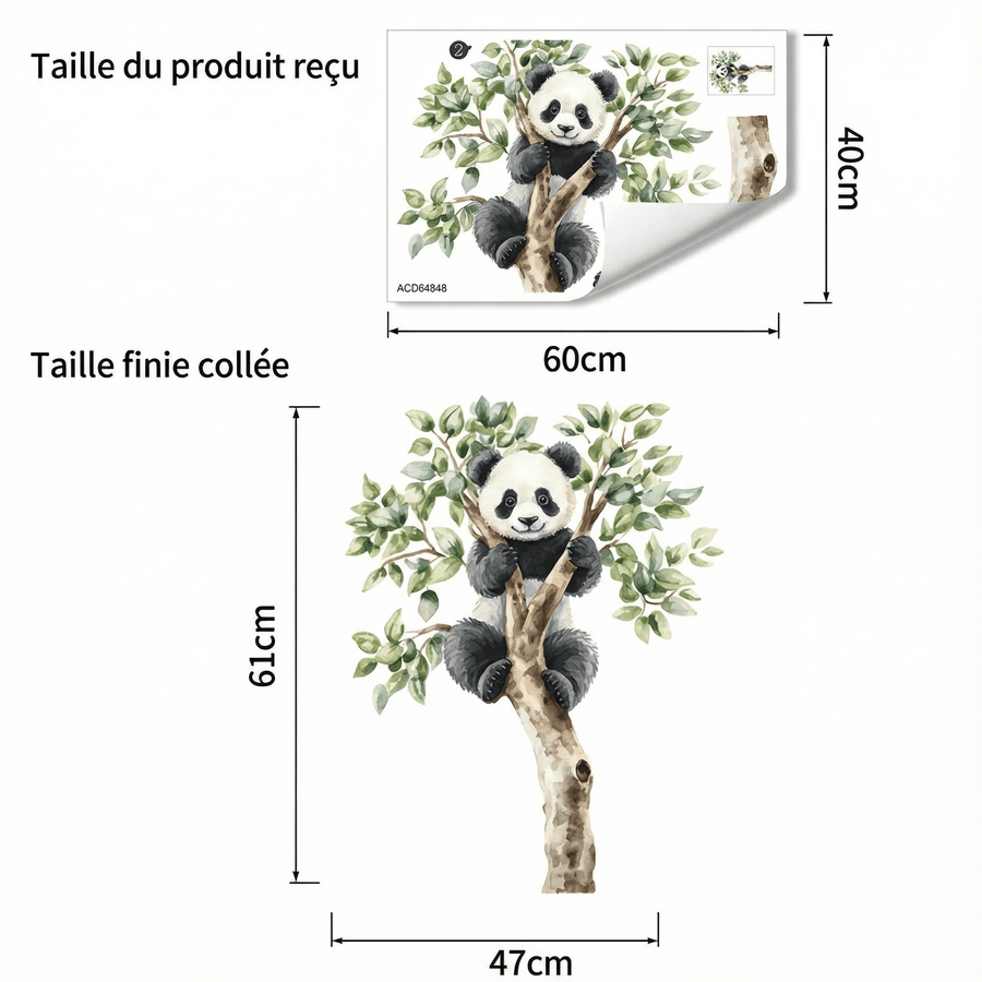 Comparaison entre la planche reçue et le motif posé : Sticker Mural Panda Arbre