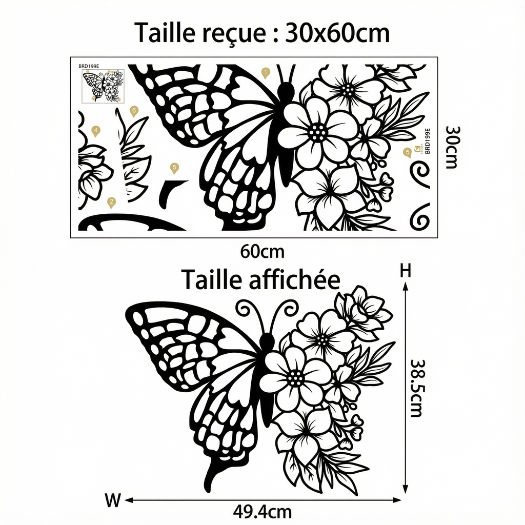 Sticker Mural Papillon Fleuri - dimensions