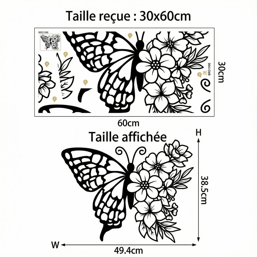 Comparaison entre la planche reçue et le motif posé : Sticker Mural Papillon Fleuri