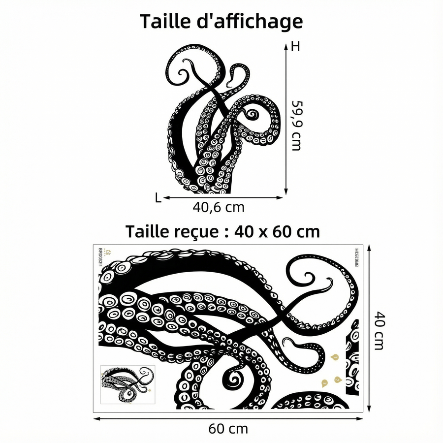 Comparaison entre la planche reçue et le motif posé : Sticker Mural Pieuvre Tentacules