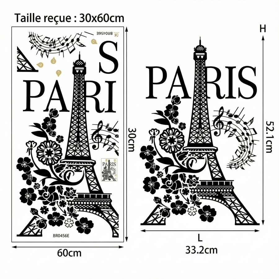 Comparaison entre la planche reçue et le motif posé : Sticker Mural Tour Eiffel Paris