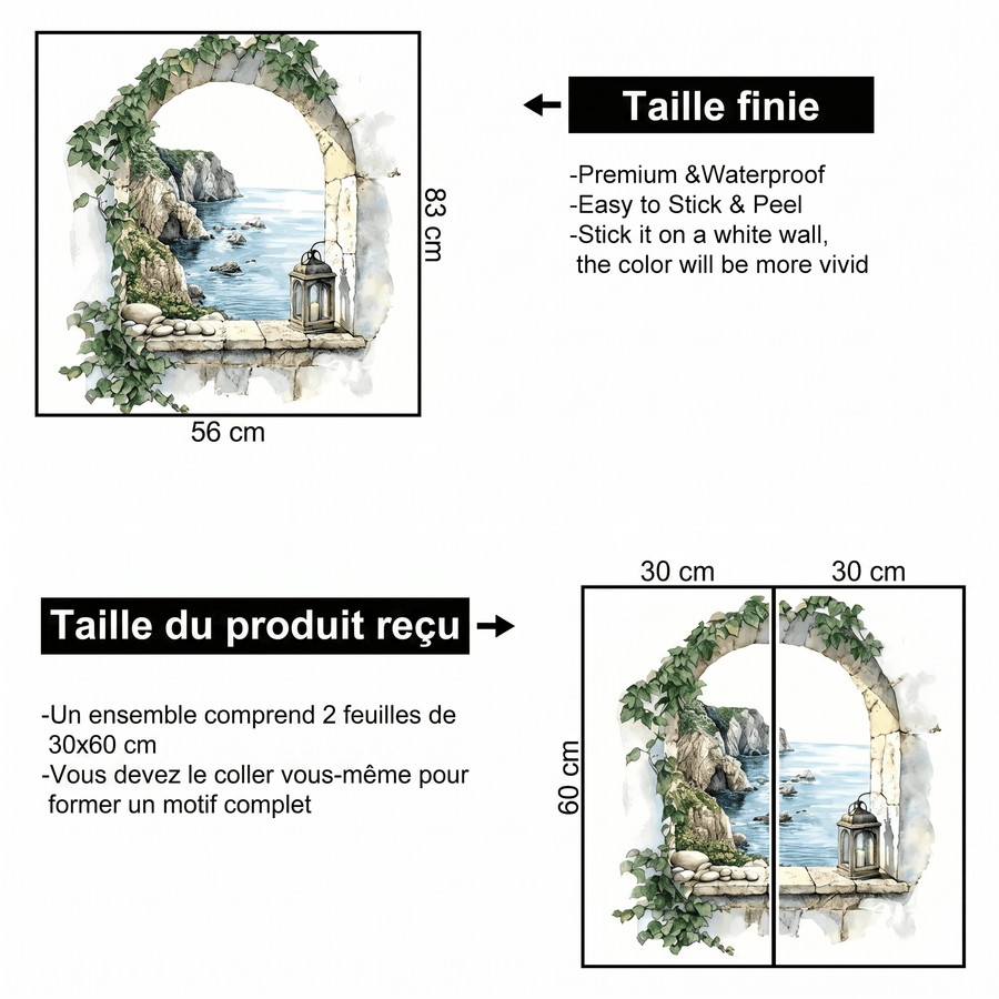 Comparaison entre la planche reçue et le motif posé : Sticker Mural Trompe-l'Œil Arche Méditerranée Salon