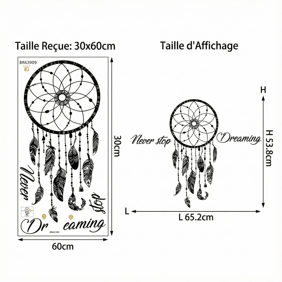 Comparaison entre la planche reçue et le motif posé : Sticker Murale Attrape Rêve avec Citation