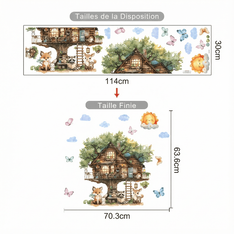 Comparaison entre la planche reçue et le motif posé : Stickers Muraux Animaux Cabane dans les Bois