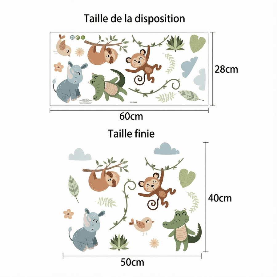 Comparaison entre la planche reçue et le motif posé : Stickers Muraux Animaux Jungle et Safari