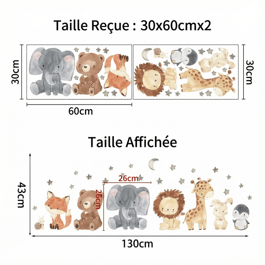 Comparaison entre la planche reçue et le motif posé : Stickers Muraux Animaux Lit Bébé