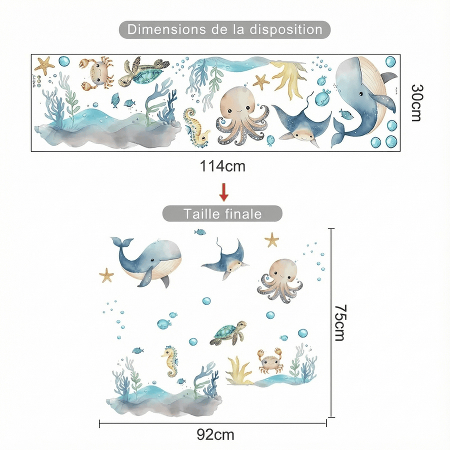 Comparaison entre la planche reçue et le motif posé : Stickers Muraux Animaux Marins