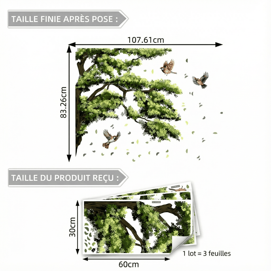Comparaison entre la planche reçue et le motif posé : Stickers Muraux Arbre avec Oiseaux
