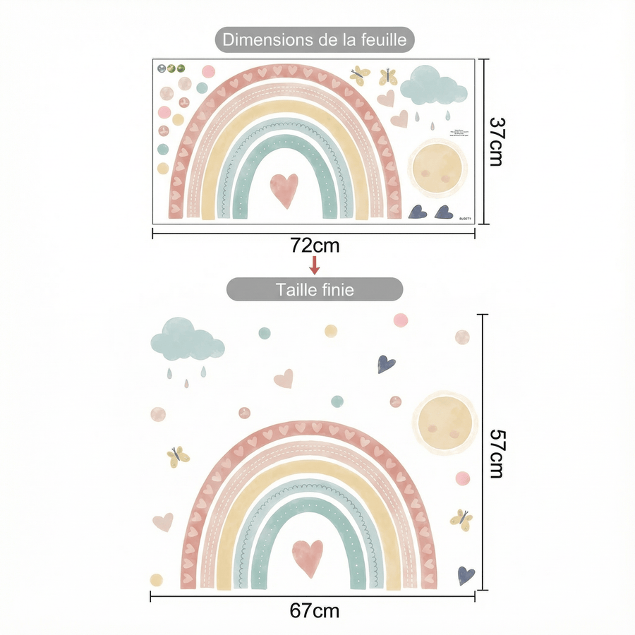 Comparaison entre la planche reçue et le motif posé : Stickers Muraux Arc-en-Ciel Pastel