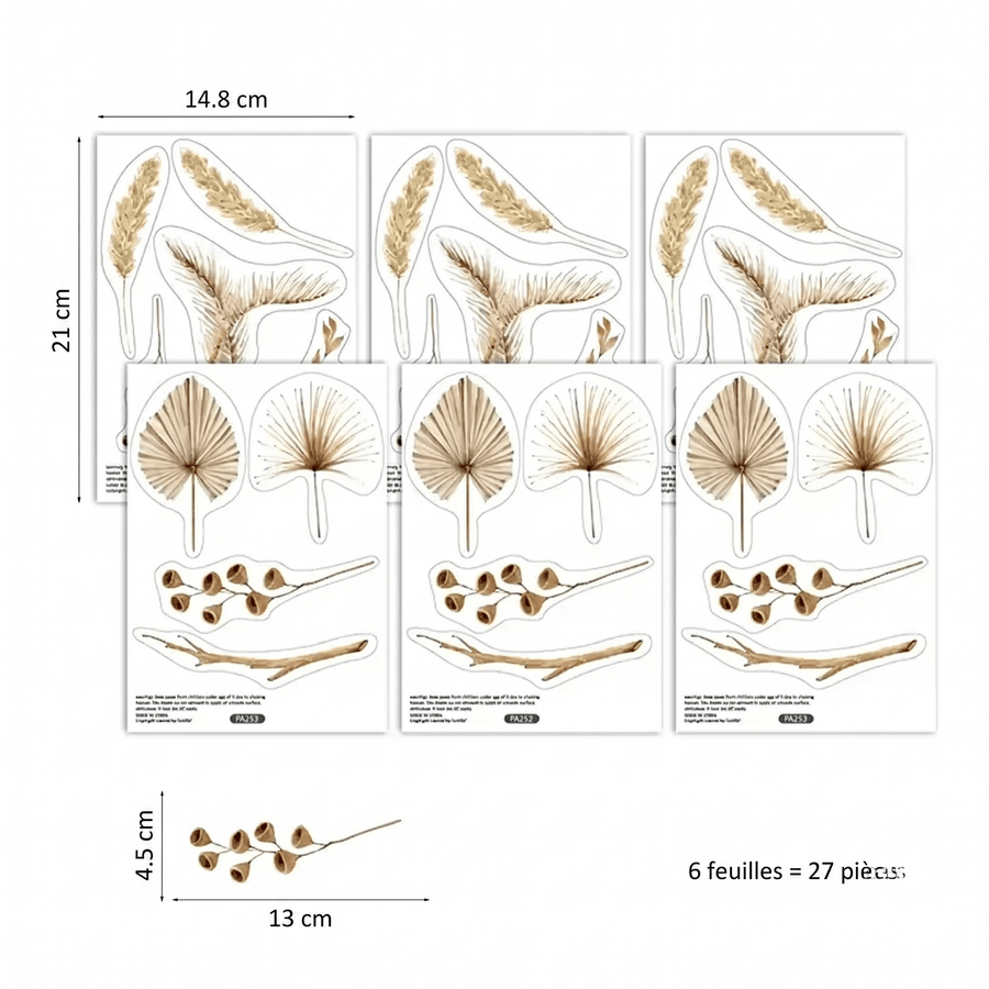 Comparaison entre la planche reçue et le motif posé : Stickers Muraux Bohème Fleurs Séchées Beige Boho