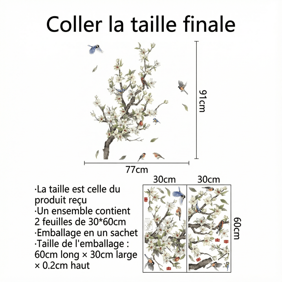 Comparaison entre la planche reçue et le motif posé : Stickers Muraux Branche Fleurie avec Oiseaux