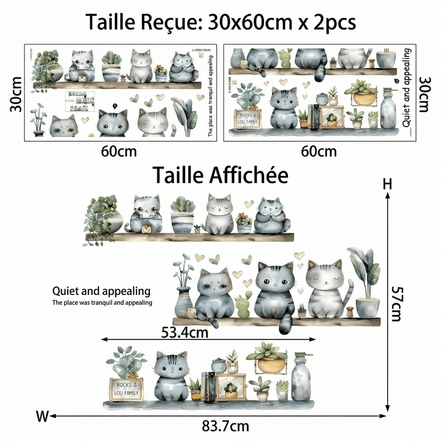 Comparaison entre la planche reçue et le motif posé : Stickers Muraux Chat Étagères