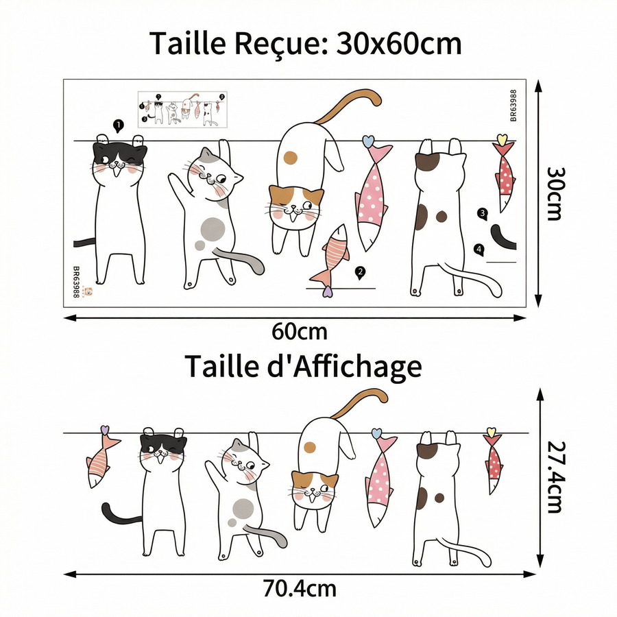 Comparaison entre la planche reçue et le motif posé : Stickers Muraux Chat Fil à Linge