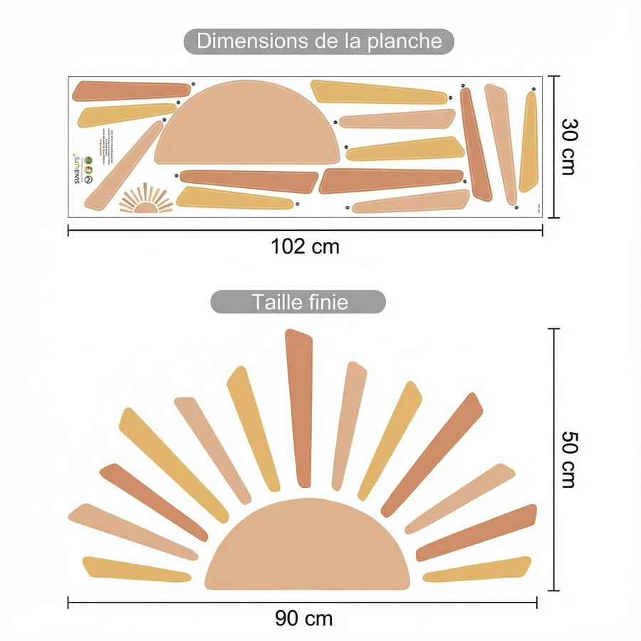 Comparaison entre la planche reçue et le motif posé : Stickers Muraux Coucher de Soleil Chambre Enfant