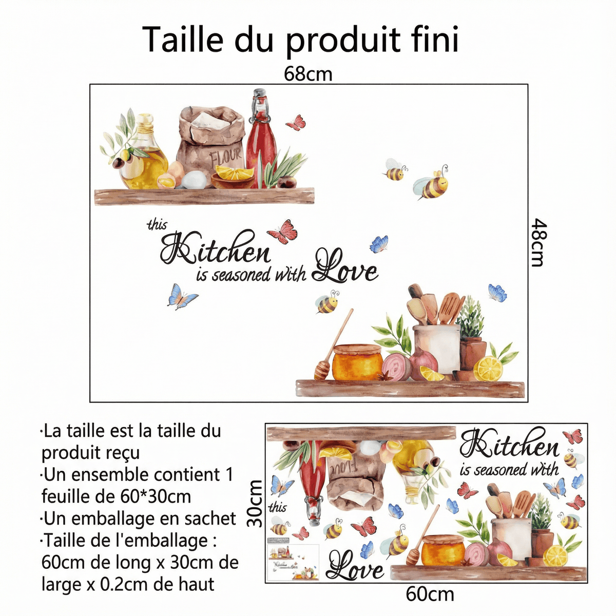 Stickers Muraux Cuisine Assaisonnée avec Amour - dimensions