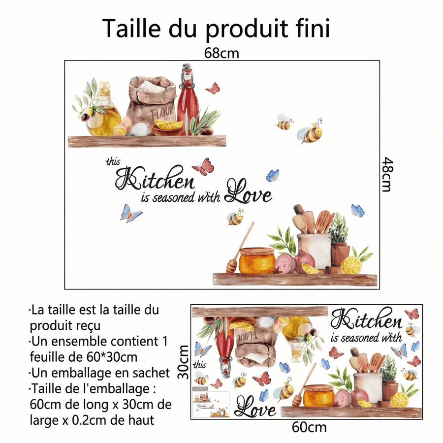 Comparaison entre la planche reçue et le motif posé : Stickers Muraux Cuisine Assaisonnée avec Amour
