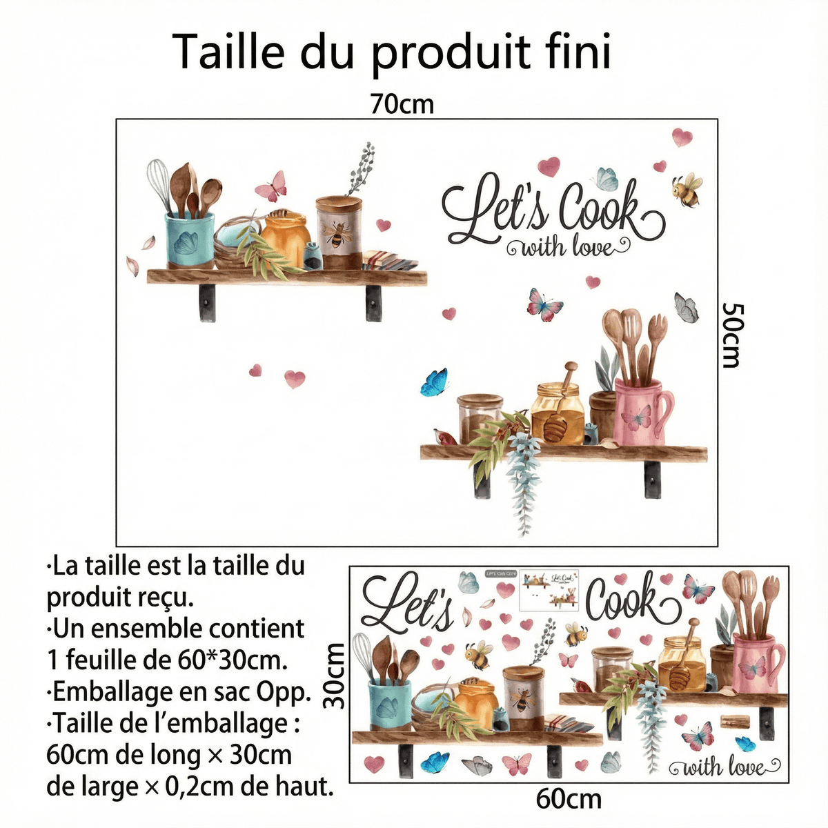 Stickers Muraux Cuisine Cuisinons avec Amour - dimensions