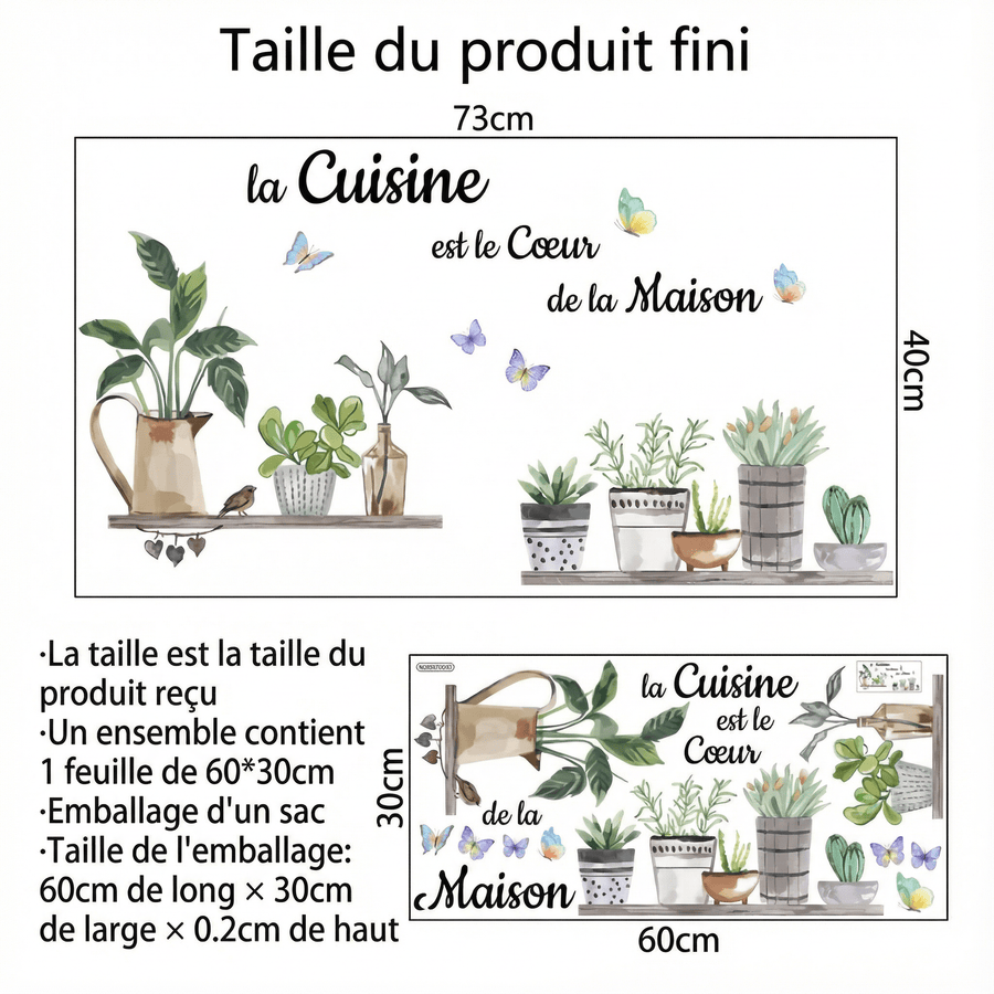 Comparaison entre la planche reçue et le motif posé : Stickers Muraux Cuisine Étagères Plantes en Pot