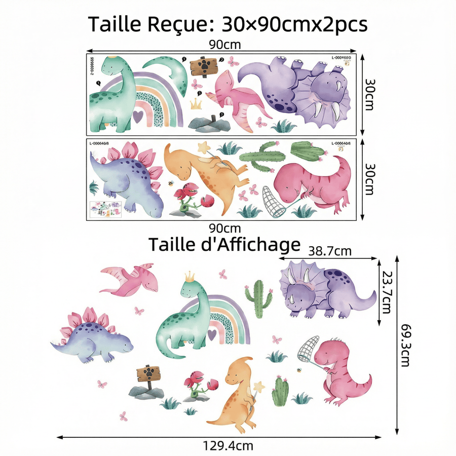 Comparaison entre la planche reçue et le motif posé : Stickers Muraux Dinosaure Chambre Bébé
