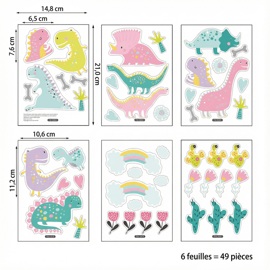 Comparaison entre la planche reçue et le motif posé : Stickers Muraux Dinosaure Chambre Fille