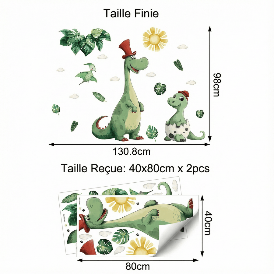 Comparaison entre la planche reçue et le motif posé : Stickers Muraux Dinosaure Géant Chambre Enfant