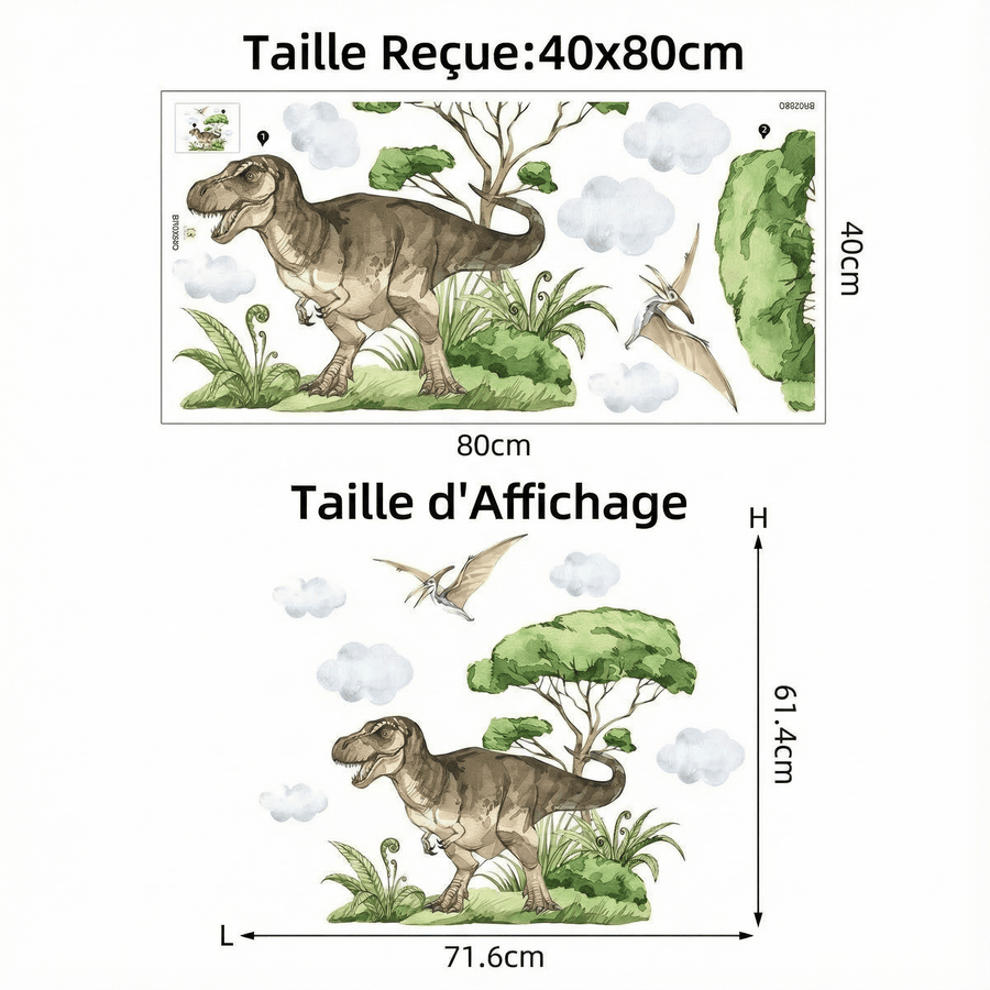 Comparaison entre la planche reçue et le motif posé : Stickers Muraux Dinosaures T-Rex