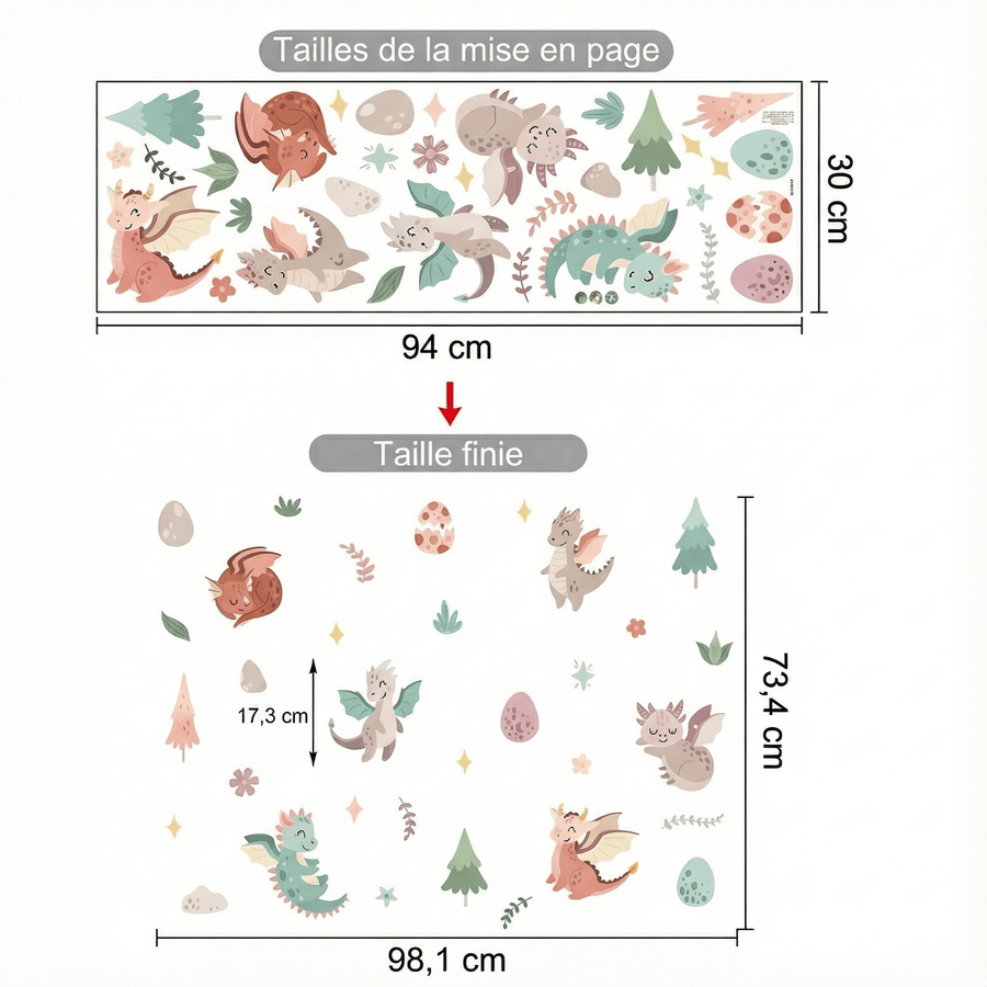 Comparaison entre la planche reçue et le motif posé : Stickers Muraux Dragon Chambre Bébé