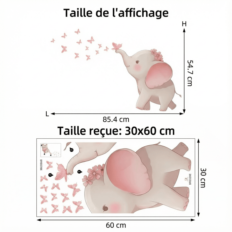 Comparaison entre la planche reçue et le motif posé : Stickers Muraux Éléphant avec Papillons Roses