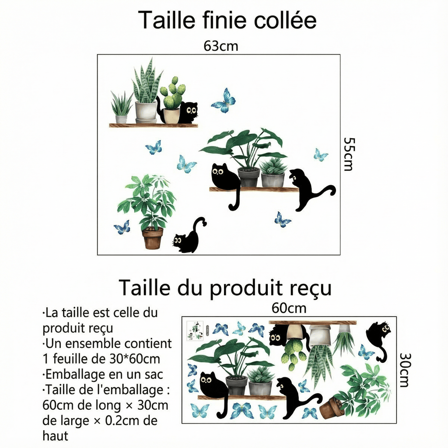 Comparaison entre la planche reçue et le motif posé : Stickers Muraux Étagères Plantes avec Chats