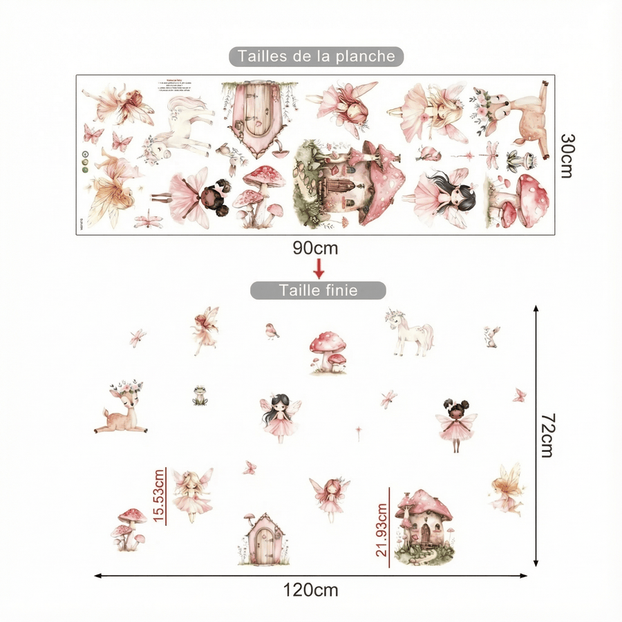 Comparaison entre la planche reçue et le motif posé : Stickers Muraux Féériques